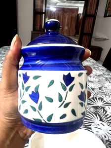 Set of 2 Blue Floral Ceramic Jars with Tray
