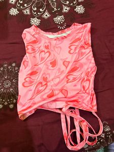 Pink Heart Print Tie-Back Crop Top