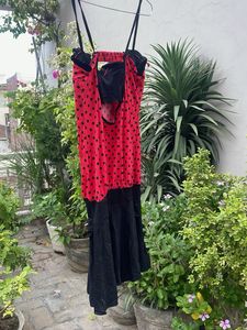 Red Polka Dot Dress with Black Skirt