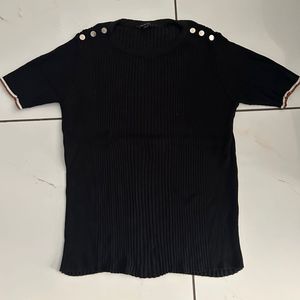 Black Ribbed Knit Top with Button Detail