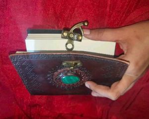 Handcrafted Leather Green Stone Brown Embossed  Di