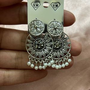 Boho Silver Jhumka Earrings with Pearls