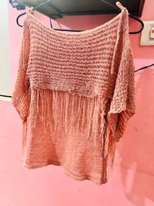 Peach Fringe Cold Shoulder Top