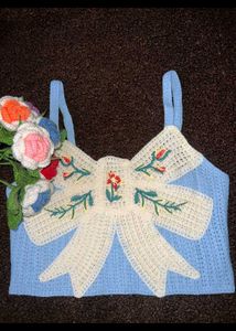 Handmade Crocheted Blue Bow Top