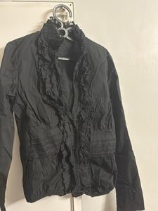 Black Ruffled Button-Up Blouse