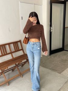 Imported brown fuzzy knit cropped top