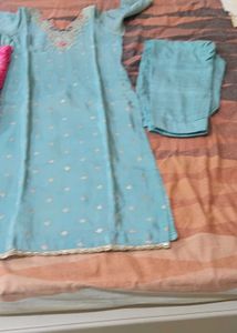 Beautiful Sky Blue Kurta Set with Pink Dupatta