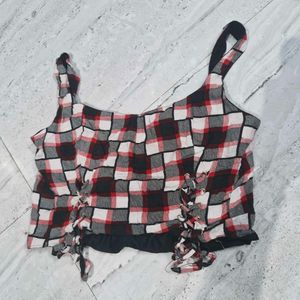 Red and black Plaid Lace-Up Crop Top