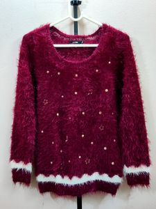 Premium imported red, pearl-embellished sweater