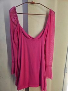 Hot Pink Mesh Flare Sleeve Dress