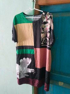 Length 35,Unique Patchwork &amp; Bird Print Tunic Top