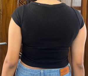 Ribbed Black Cropped Henley Top