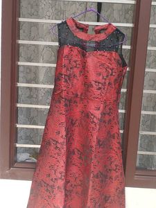 Elegant rust Brocade Dress with Embellished Neckli