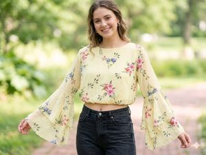 Yellow Floral Bell Sleeve Crop Top