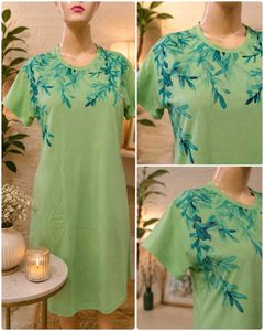 Light Green T-Shirt Dress with Leaf Print