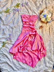 Strapless Pink Satin assymetrical  Ruffle Dress