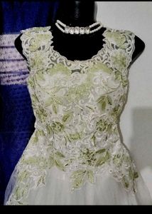 Elegant White & Green Lace Dress