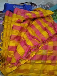 Pink &amp; Yellow Checked Saree