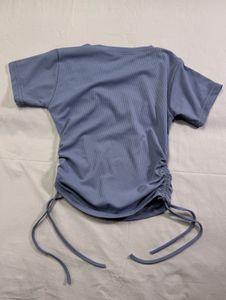 Blue Ribbed Drawstring Top