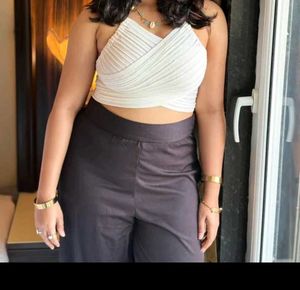 Cream Ribbed Halter Neck Crop Top