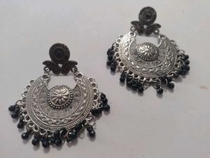 Oxidized Silver Jhumka Earrings with Black Beads