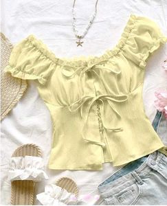 Yellow off shoulder waffle top