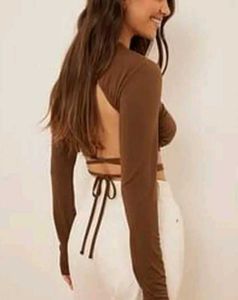 Brown Long Sleeve Wrap Crop Top