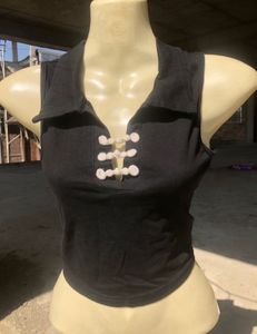 Elegant Black Blouse with White Trim