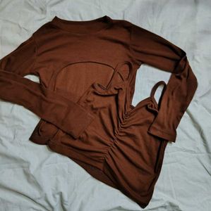 Ribbed Brown Two-Piece Top Set