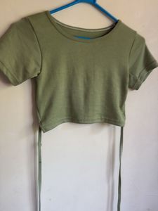 Olive Green Cropped T-Shirt with Tie Back