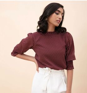 Maroon Polka Dot Puff Sleeve Top