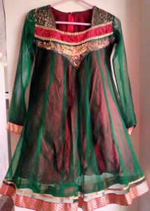Netted Green Anarkali With Dupatta