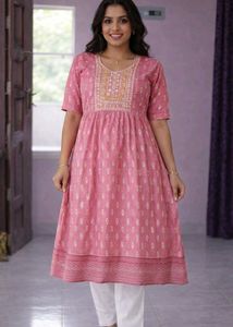 Pink embroidery&Printed Kurta