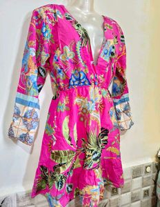 Vibrant Pink Floral Mini Dress Size S-M 32"-36"