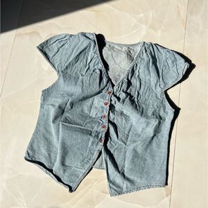 Light Blue V-Neck Button-Up Top