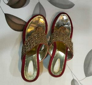 Elegant Golden &amp; Red Partywear Sandals
