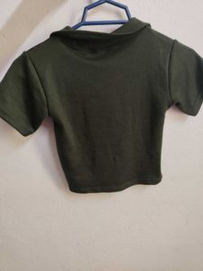 Olive Green Collared Crop Top .. polo t shirt