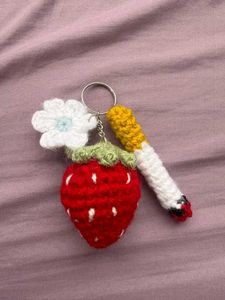 Crochet Floral strawberry and cigrette keychain