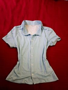 Light Blue Striped Button-Up y2k Shirt