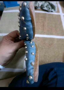 Studded Party Wear Blue Slip-On Flats In 39 Number