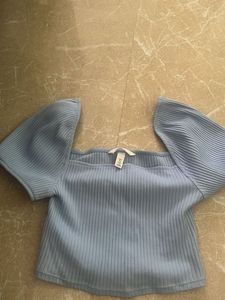Light Blue Ribbed Square Neck Top