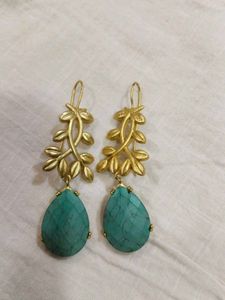 Gold Tone Leaf Design Turquoise Drop Earrings