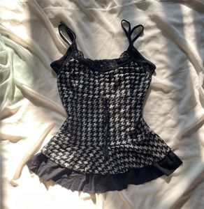 Houndstooth Print lace y2k Camie top