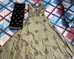 Pista And Navy Full Work Gown With Heavy Duppatta