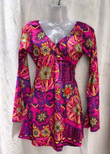 7307. Groovy Retro Flower Print Dress