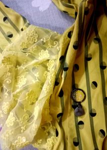 Yellow Striped Lace Sleeve Top