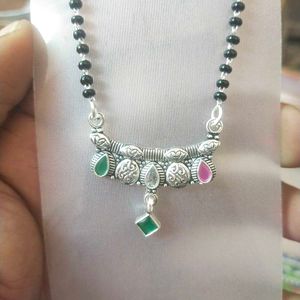 PureSilver Single Line Green&amp;Pink Stone Mangalsutr