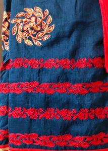Elegant Blue Saree with Red Embroidery desig