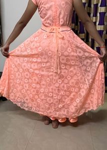 Peach Dress or Gown with Brown Overcoat
