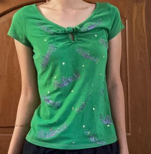 Green Graphic Top with Bow Back
